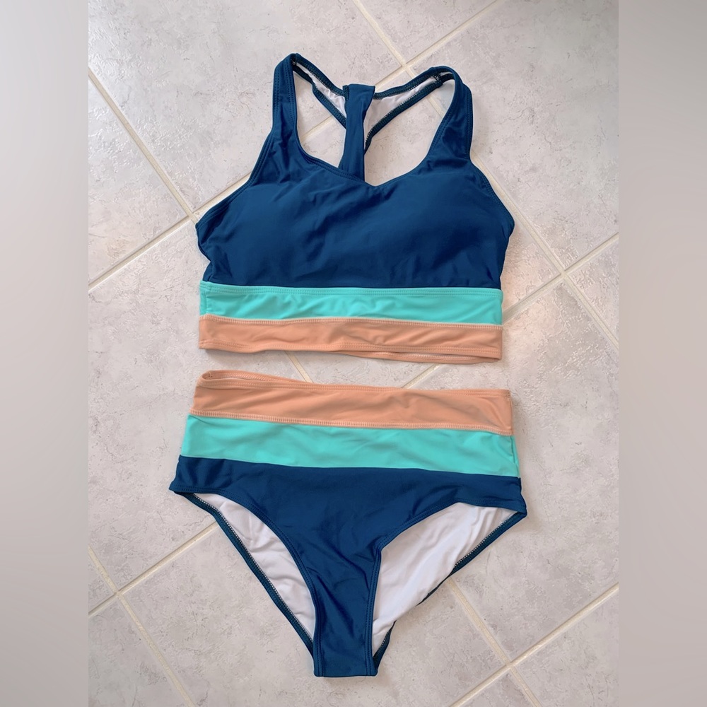 Blue Colorblock Cut Back Bikini Set